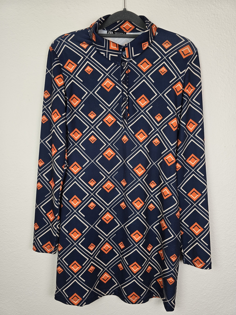 ZARA Navy Geometric Print Dress with Orange Accents